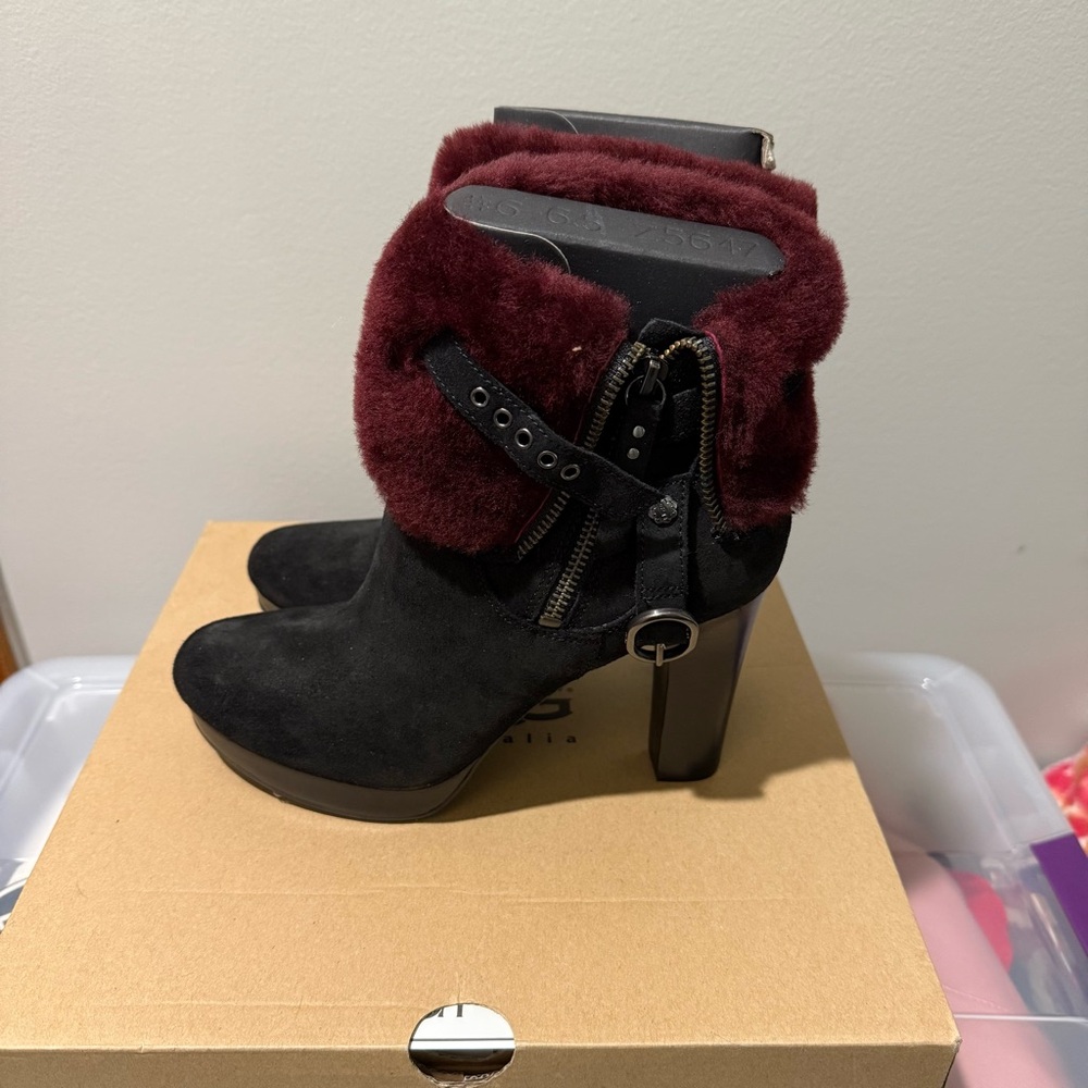 UGG Black and Red Heeled Boots with Adjustable Cuff - New!